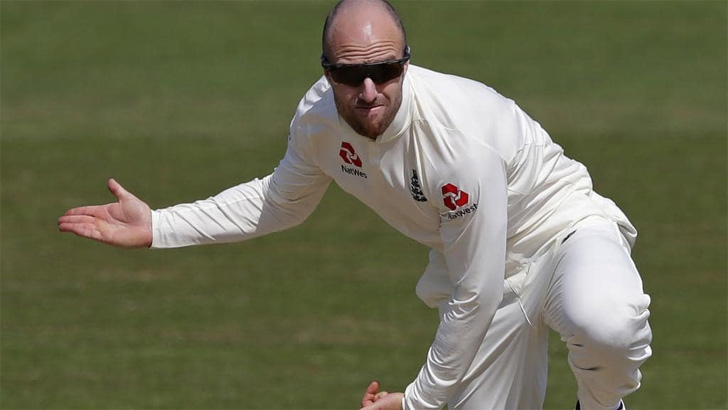 Jack Leach in action for England.